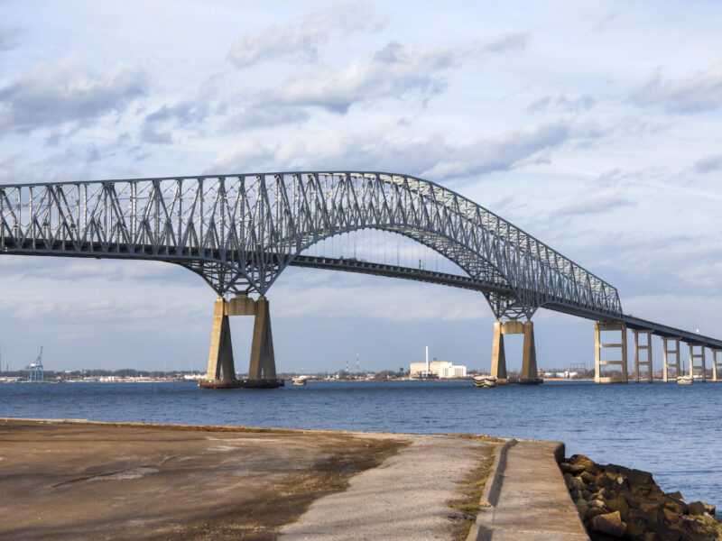 A High Dynamic Range photo of the Francis Scott Key Bridge on a beautiful winter morning.   It opened in 1977 and is named for Francis Scott Key, the author of the Star Spangled Banner.